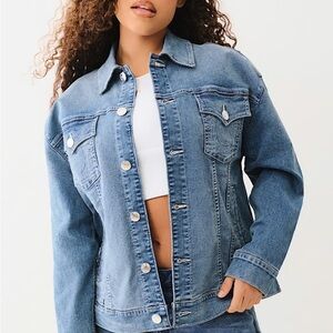 True Religion Women’s Oversized Denim Jacket w Glitter Logo NWT sz Large